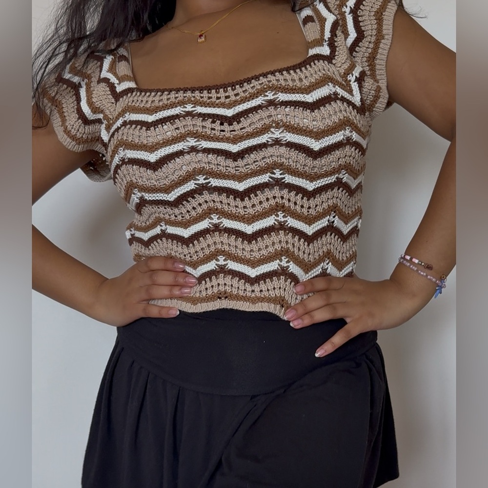 neutral-toned off shoulder capped sleeve sweater top tshirt with stripes